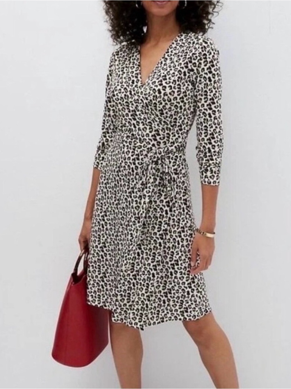 Banana Republic Cream and Black Leopard Print Wrap Midi Dress